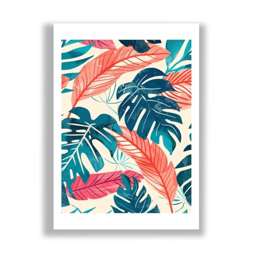 Monstera corail et sarcelle sur crème XL : sublimez vos grands murs vides