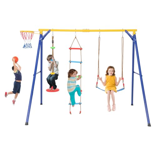 COSTWAY Schaukelgestell mit elastischer Schaukel, Tellerschaukel, Kletterleiter & Basketballkorb, 4-in-1-Schaukelset für Kinder, Schaukelgerüst für Outdoor
