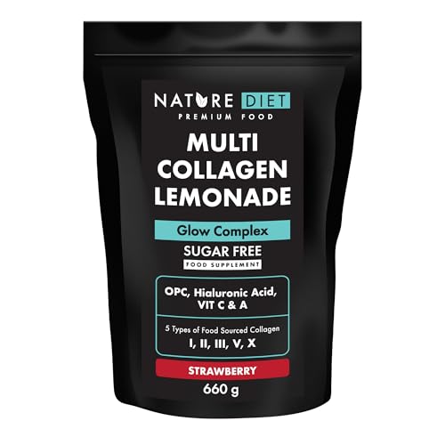 Nature Diet Multi Colágeno Limonada | Fresa | 5 Tipos de Colágeno | 660g | Suministro de 60 Días | Sin Azúcar | Complejo Glow con Ácido Hialurónico, Vitaminas C y A