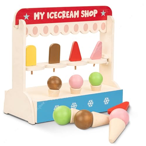 Image of Baybee Ice Cream Shop for Kids, Pretend Play Toys with 8 Pcs Playset, Educational Role Play Toy for Girls & Boys, Child-Safe Wooden Icecream Play Set for Kids Age 3 & Above