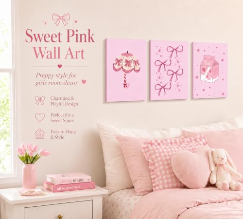GDDXLM 3 Pcs Pink Bow Poster Wall Art,Cute Little Girl Picture Wall Decor by GDDXLM - Used condition - Image 2