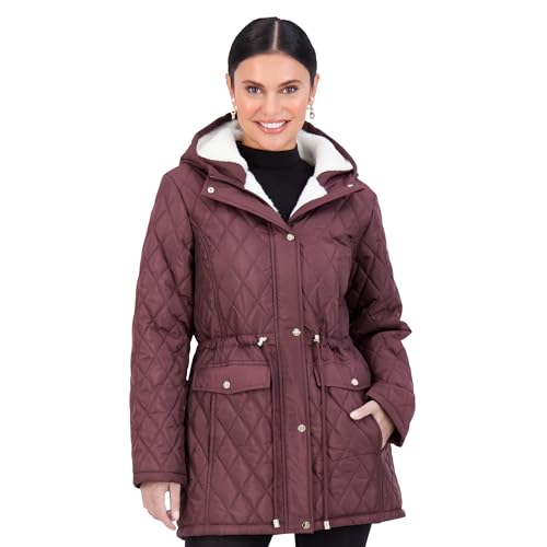 Jones New York Diamond-Quilted Jacket Anorak with Fur Lining - Winter Coats for Women - Ruby Port - 2X