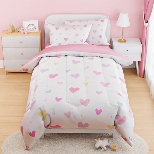 Image of SANDJEST Heart Comforter Set Full Size 98x86in for Kids Girls, Microfiber 4 Pcs Bedding Set Includes 1 Comforter, 2 Pillowcases, 1 Fitted Sheet, Nursery Room Decor