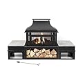 Deko Living Rimasco 80-Inch Metal Wood Burner Fireplace with Side Storage Tables - Wood Burning Fire Pit for Home - Smokeless Patio Fire Pit - Fire Space Heater for Indoor and Outdoor
