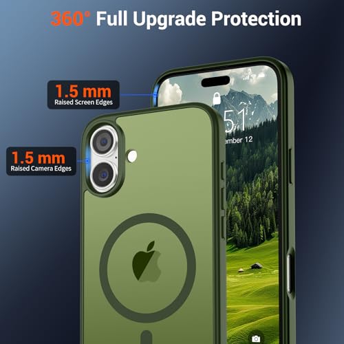 Image of SUPFINE Magnetic for iPhone 16 Plus Case (Compatible with MagSafe) (Military Grade Drop Protection) Slim Translucent Matte Shockproof with Anti-Fingerprint Phone Case,Cangling Green