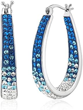 Silver Plated With Crystal Inside Out Oval Shape Hoop Earrings, (L/Blue)