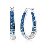 Silver Plated With Crystal Inside Out Oval Shape Hoop Earrings, (L/Blue)