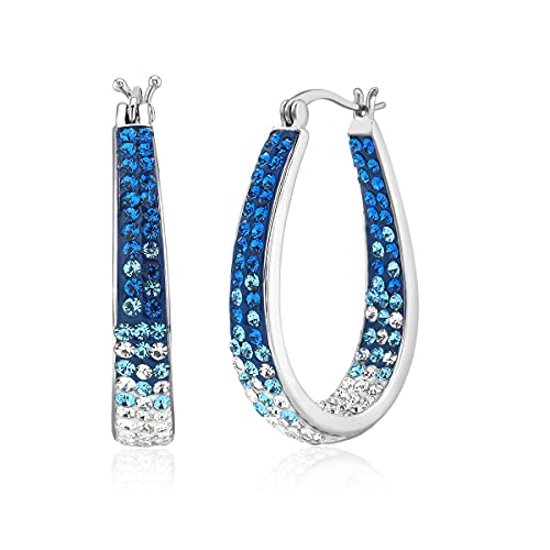 Silver Plated With Crystal Inside Out Oval Shape Hoop Earrings, (L/Blue) #TOP11