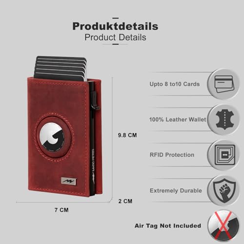 Image of AirTag Wallet - Full Grain Leather, Mens Minimalist Wallet with Apple Air Tag Holder, Slim Smart Pop up Card Case, ID Window, RFID Blocking Wallet for Men and Woman Red Crazy Horse