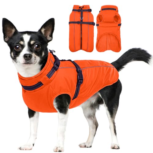 Lelepet Small Dog Coat With Harness - Warm Waterproof Fleece Jacket, Winter Reflective Vest Snow Suit for Chihuahua Maltese - Orange XS