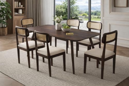 Image of WOODLAB Solid Sheesham Wood 6 Seater Dining Table Set | Wooden Six Seater Dining Table with Cushioned Cane Back Chairs Furniture for Living Room, Home, Hotel and Restaurants - Walnut Finish