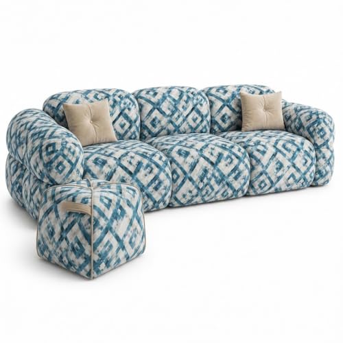 Image of FURNY Luxury Nimbus 4 Seater + Suri Pouf Sofa Set for Living Room | Tapestry Mosaic Fabric Upholstered | Modern Cushioned Comfortable Couch for Home Office & Drawing Room | Lagoon Blue