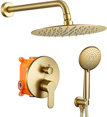 ESNBIA Rain Shower System Brushed Gold,12" Shower Head with 3-Mode Handheld Shower Mixer Set, Wall Mounted Rainfall Dual Shower Fixtures, Shower Faucet Set Complete with Valve and Trim