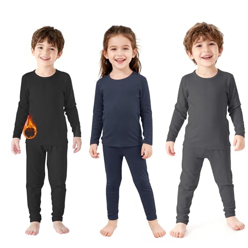 Zando Toddler Thermal Set 3T - Winter Warm Toddler Long Johns 4T Boys Thermals Top and Bottom Fleece Lined Compression Shirt and Pants Thermal Base Layer for Boys Girls 3 Set Black Navy Light Grey