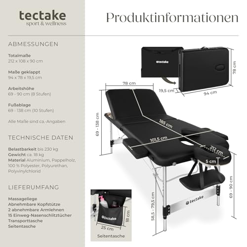 tectake® Massageliege 3 Zonen, Massagetisch, Massageliege klappbar, höhenverstellbare Aluminium Massageliege, Massagebett tragbar inkl. Zubehör, Kopfstütze, Armlehne, Tragetasche - schwarz 6