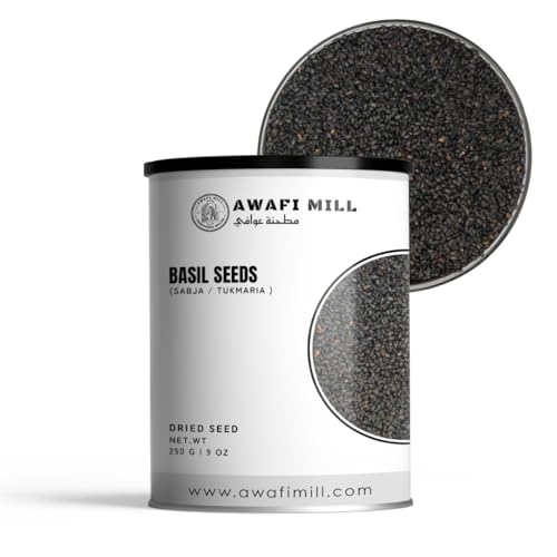 AWAFI MILL Basil Seeds 250g (9 oz) | Sabja/Tukmaria Seeds | Ocimum basilicum | Edible Soaking Seed for Drinks Falooda Desserts Smoothies & Summer Beverages