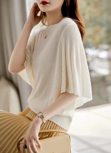 LAI MENG FIVE CATS Women's Summer Batwing Sleeve Round Neck Pullover Elegant Thin Knitted Sweater Shirt3