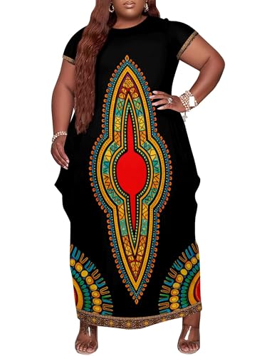 Image of Plus Size Maxi Dress for Women Short Sleeve V Neck Casual Loose Sundress with Pockets