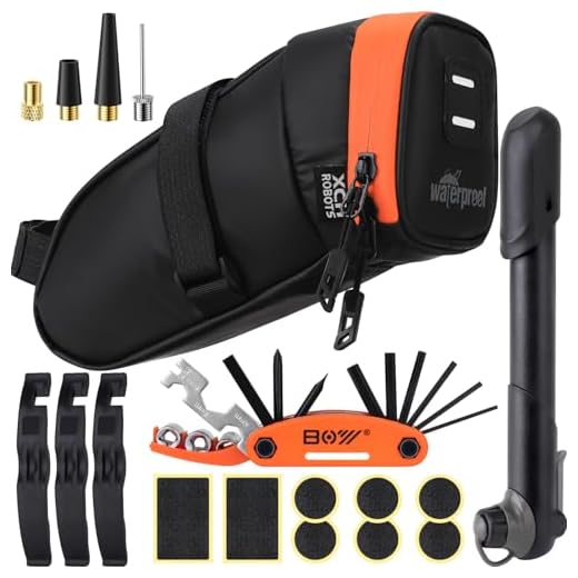 Bicycle Saddle Repair Bag with Tire Patch and Inflate Pump - Portable Travel Emergency Tool Kit, Bike Accessories for Adult Bikes with IPX4 Waterproof
