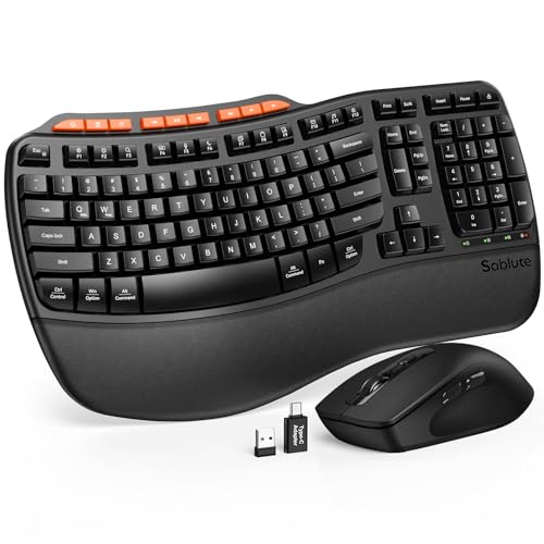 Ergonomic Wireless Keyboard and Mouse Combo, 2.4G Full Size Wave Key Board with Cushioned Palm Rest, Natural Typing, 3 DPI Adjustable Mouse, USB-A & C for Computer/Laptop/Mac/Tablet - Sablute MA31
