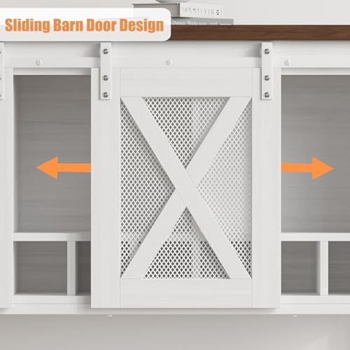 Garvee Farmhouse Wine Cabinet, Coffee Bar Sideboard Cabinet Storage, Console Table with Sliding Barn Doors, Entryway Table with Glass Rack for Kitchen Dining Room Hallway, 46.5 inches Long, White