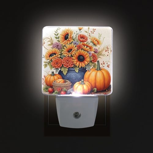 Image of Pumpkins Sunflowers Thanksgiving Night Lights 2 Pack Plug-in Wall Led Nightlight Auto Dusk-to-Dawn Sensor Lamps for Bedroom Kitchen Bathroom