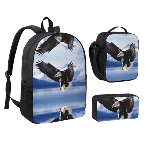 Mochila escolar ligera con estampado de águila de 3 piezas negra para estudiantes 2