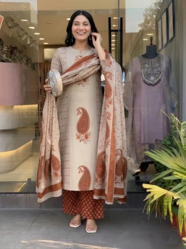 Image of Nermosa Women's Pure Viscose Block Printed Ethnic Wear Straight Kurta Set with Palazzo Pants & Dupatta | Kurta Set for Women | 3 Piece Set
