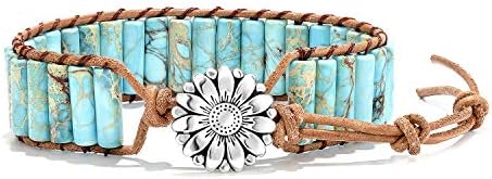 sedmart 7 Chakra Bracelets for Women with Real Stones Leather Wrap Healing Bead Bracelet Women Men Boho Friendship Jewelry… (Flower Button & Turquoise)