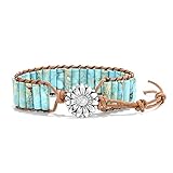 sedmart 7 Chakra Bracelets for Women with Real Stones Leather Wrap Healing Bead Bracelet Women Men Boho Friendship Jewelry… (Flower Button & Turquoise)