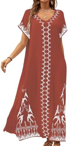 Bsubseach Women Embroidery Short Sleeve Bikini Swimsuit Cover Up Side Split Beach Kaftan Dress