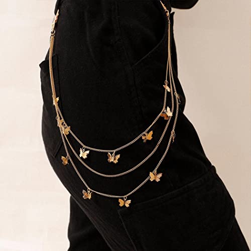 Cosydays Punk Butterfly Pants Jeans Cadenas de bolsillo en capas Cadenas de cintura de roca, Pantalones de cadena de cuerpo para mujeres y niñas (oro) Cover