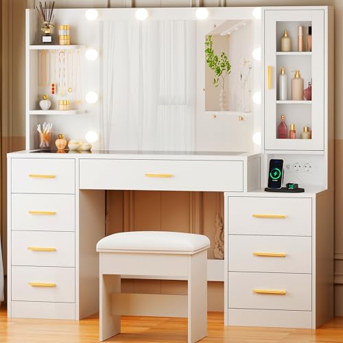 BEWISHOME Grande Toeletta Trucco con Luci e Specchio, Illuminazione a LED Regolabile, Toeletta Trucco con Piano in Vetro, Moderna Trucco con 8 Cassetti, Prese, per la Camera da Letto, Bianco EFST67W