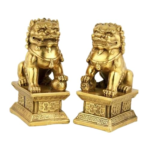 CYDZSRA Collection d'ornements Feng Shui Traditionnels pour Bureau, Sculptures de Lions en polyrésine, Chiens Fu Chinois, Statues de Lions, Paire de, doré, 5 x 4 x 7 cm