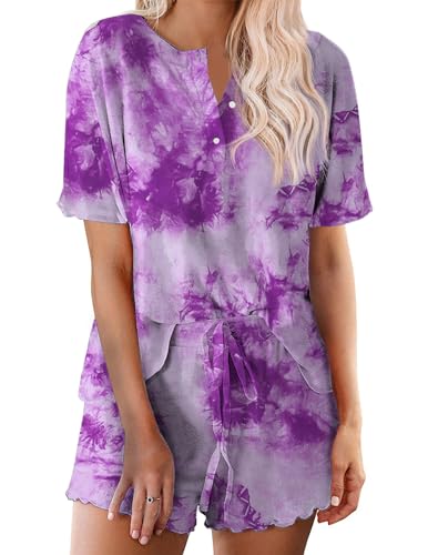 Image of Ekouaer Pajamas Set for Women Short Sleeve Lounge Set 2 Piece Loungewear PJs Soft Cute Lightweight Sleepwear,Medium