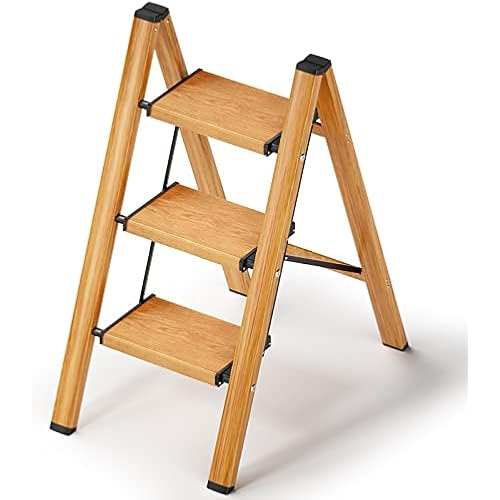 3 Step Ladder, Ladnamy Folding Step Stool with Wide Anti-Slip Pedal, Aluminum Lightweight Portable Step Stools for Adults, 330 IBS Capacity Multi-Use Ladder for Home Kitchen Cabinet, Woodengrain