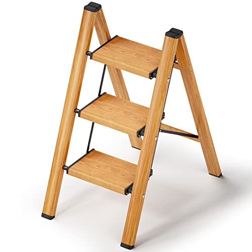 3 Step Ladder, Ladnamy Folding Step Stool With Wide Anti-Slip Pedal, Aluminum Lightweight Portable Step Stools For Adults, 330 Ibs Capacity Multi-Use Ladder For Home Kitchen Cabinet, Woodengrain #TOP4