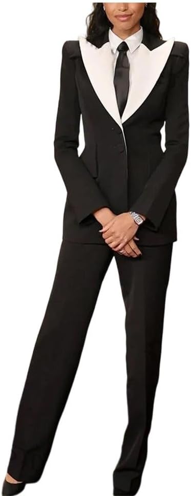 Women Single Breasted Contrast Color Lapel Blazer Pants Luxury Wedding Formal Outfit