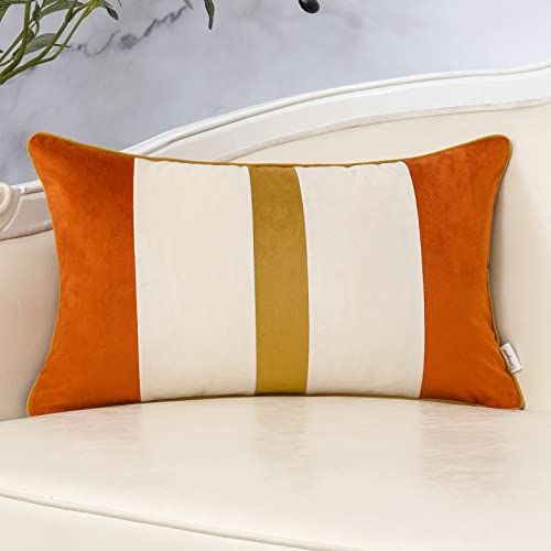 Yangest WOMI-049 Orange Patchwork Lumbar Throw Pillow Cover Striped Velvet Cushion Case Modern Neutral Oblong Pillowcase cover