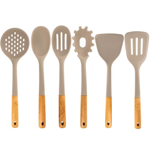 Beille 6pc Beech Wood and Silicone Kitchen Utensils Set Cooking Baking Supplies Home Essentials, Light Grey