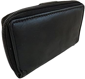 Slimline Leather Purse with Zip Around Coin Tray - 5 RFID Blocking Credit Cards Slots - Zipped Coins Pouch 2 Note Sections - Photo ID Window - Plain Black Ladies Designer Purses - Quenchy London 115K