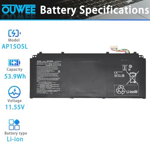 OUWEE AP15O5L Laptop Battery Compatible with Acer Spin 5 SP513-52N-54SF Predator Triton 700 PT715-51 Swift 1 SF114-32 Swift 5 SF515-51T Chromebook R13 CB5-312T-K0YK Series AP1505K 11.55V 53.9Wh by OUWEE - Image 2