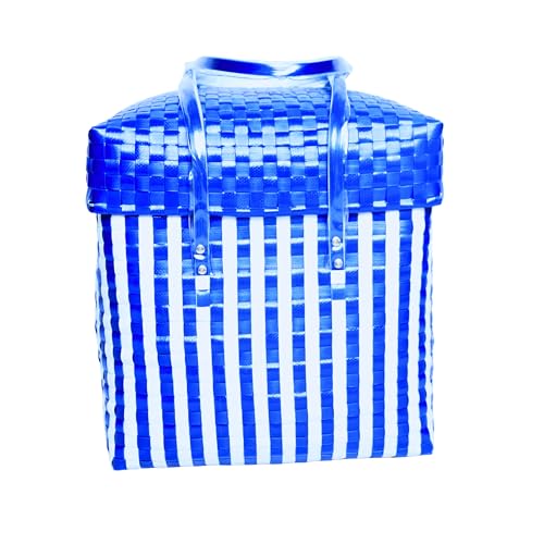 Image of Hand Made Multipurpose Plastic Basket with Lid, White with Blue, XL