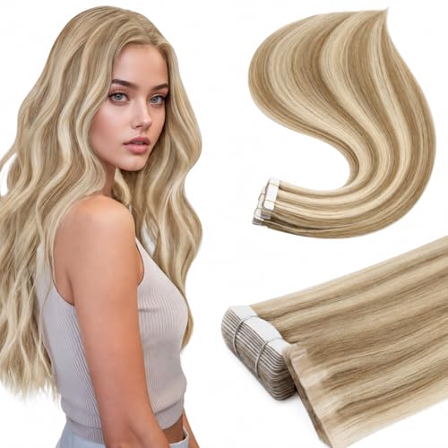Image of Full Shine Tape in Hair Extensions 2 Packs Bundle, 16 /22 Vanilla Blonde Blend, Injected and Traditional Tape Extensions Mixed Set, Real Human Hair, 22 Inch 100g 40Pcs Total, Wedding and Gala Glam