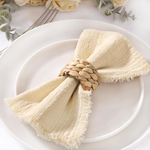 Image of MLMC 6 Pack Beige Cream Cloth Napkins with Fringe Boho Linen Napkins Washable Reusable Rustic Dinner Table Decor 17 inchx17 inch for Wedding Party Bridal Baby Shower Home Decor