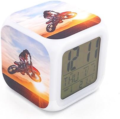 BoFy Led Alarm Clock Motorcycle Motorbike Extreme Motocross Personality Creative Noiseless Multi-Functional Electronic Desk Table Digital Alarm Clock for Unisex Adults Kids Toy Gift