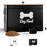 Dog Food Container Airtight 15 lb (50 Cup) Capacity with Metal Scoop - Cute Airtight Dog Food Storage Container with Bamboo Lid - Black Metal Kibble Storage Bin for Dogs up to 100 lbs - Big Pet Jar