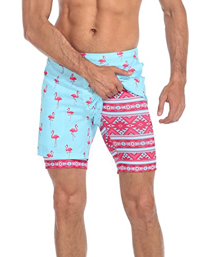 Lrd Men's Swim Trunks With Compression Liner 5 Inch Inseam Quick Dry Swim Shorts Party Like A Flock Star/Tribal - L #TOP12