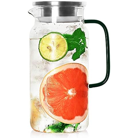 LUXU 42oz Glass Pitcher with Stainless Steel Lid,Heat Resistant Glass Carafe for Hot/Cold Water & Iced Tea,Good Beverage Pitcher with Dark Green Handle for Homemade Juice,Durable and Temperature Safe Cover