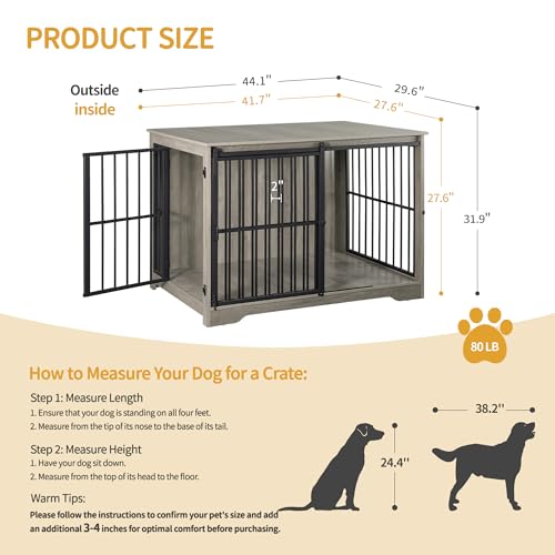 XL Large Dog Crate Furniture, 44.1" Indoor Dog Kennel Furniture with Barn Door, Wooden Tall Dog Crate, Heavy Duty Dog Cage for Large Dogs, Side End Table, Anti-Chew, Greige Black DFC80105B